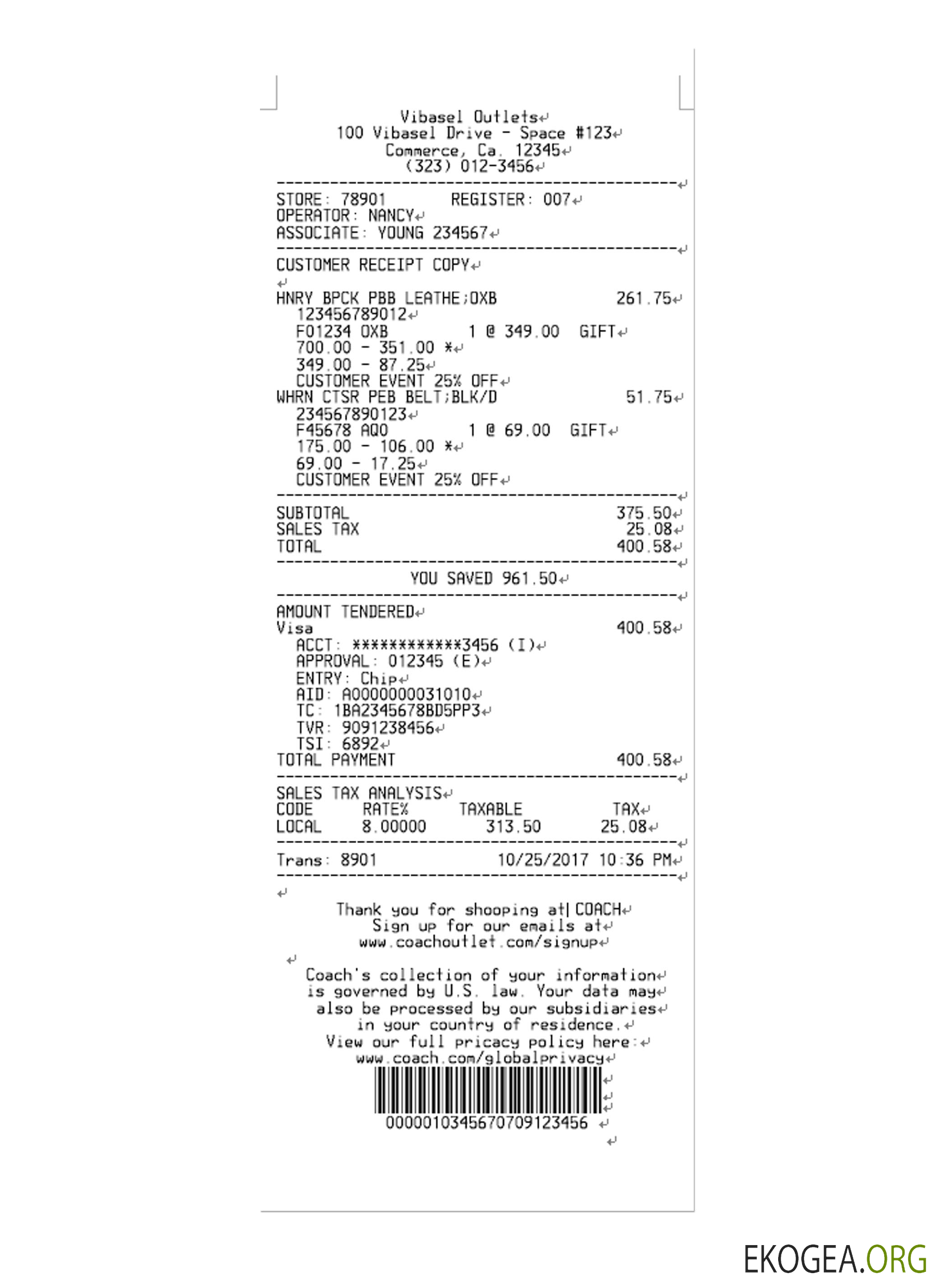 Reçu de paiement VIBASEL OUTLETS